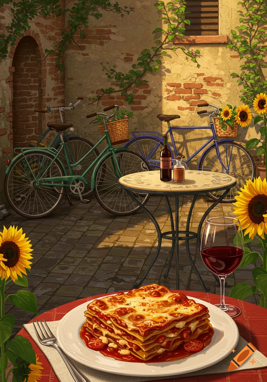 A plate of lasagna and a glass of red wine on a patio table with sunflowers, bicycles, and brick walls in an Italian-style outdoor setting.