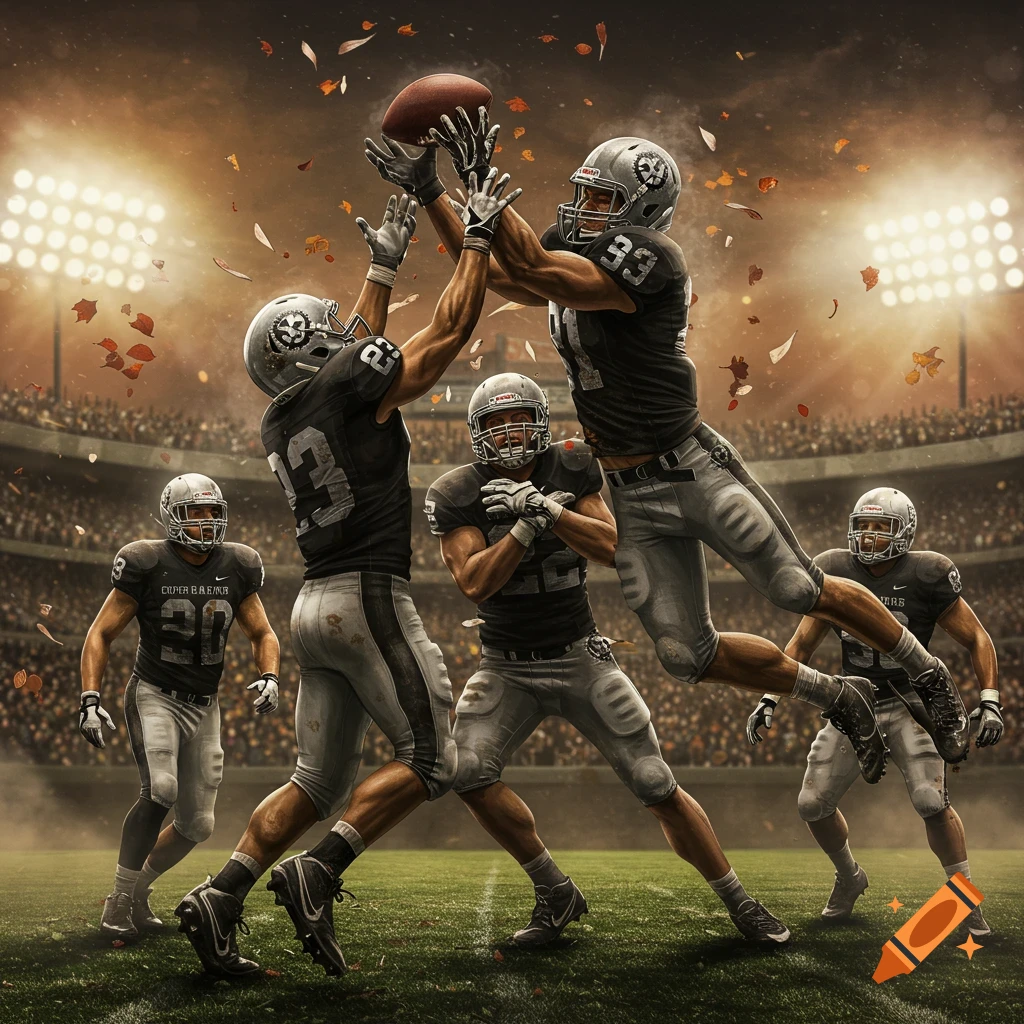 Photorealistic image of American football players in black and gray uniforms jumping to catch a football in a stadium at night with stadium lights and falling leaves.