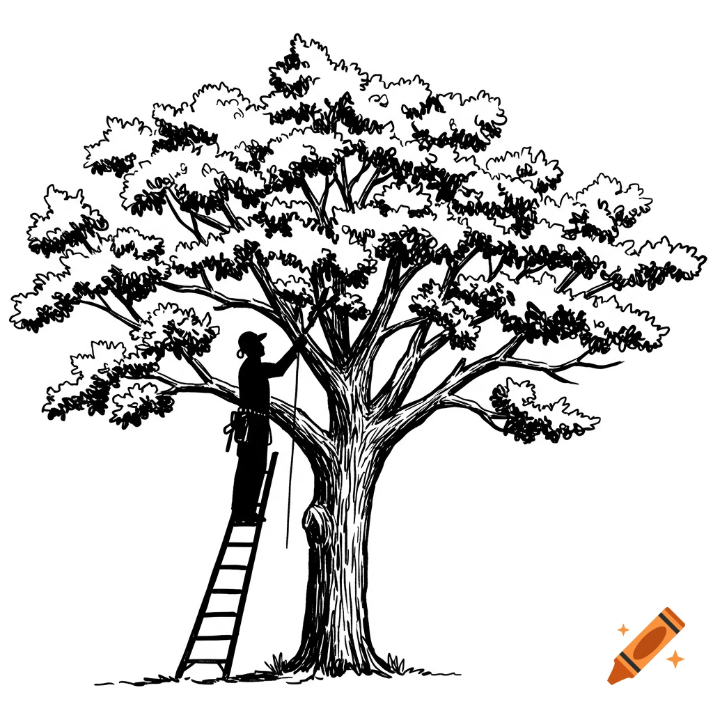 Black and white hand-drawn silhouette of a worker on a ladder trimming a bushy oak tree.