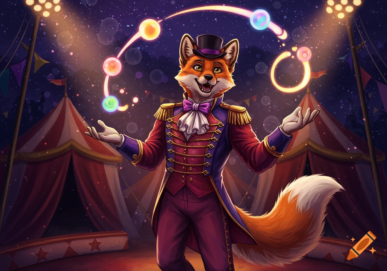 A fox furry ringmaster in a red and purple suit juggles glowing orbs under circus spotlights at night, digital art.