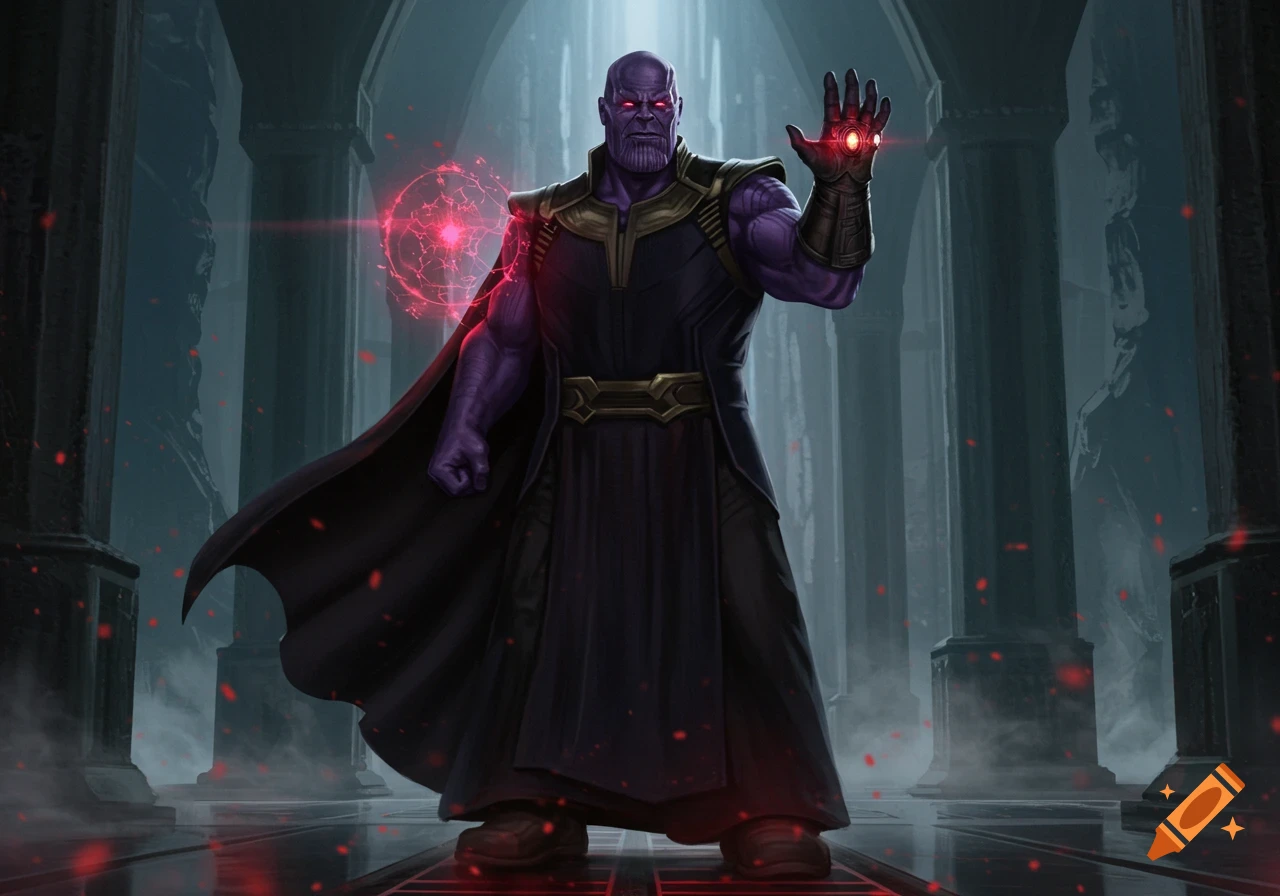 Thanos, a purple titan, stands in a dark, columned hall, wearing black robes with a glowing Infinity Gauntlet and red energy.