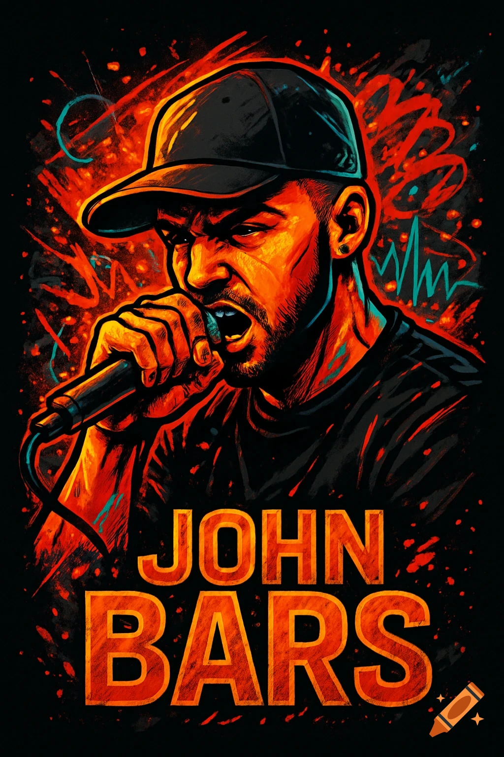 Stylized illustration of a male rapper in a cap singing into a mic, vibrant orange and red background. Text: JOHN BARS.