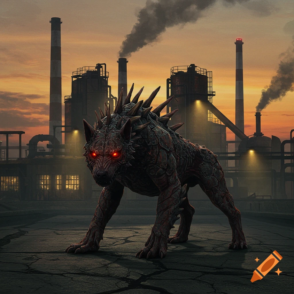 A scaly, spiky monster with glowing red eyes stands on cracked pavement in front of a smoking factory at sunset.