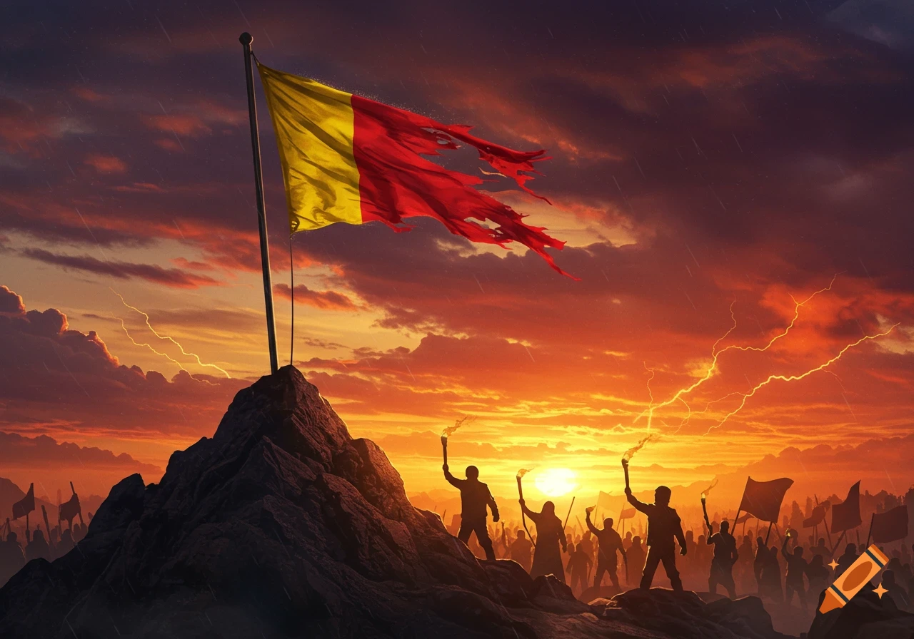 A torn red and yellow flag on a mountain peak, silhouetted figures with torches below, against a dramatic, stormy sunset with lightning.