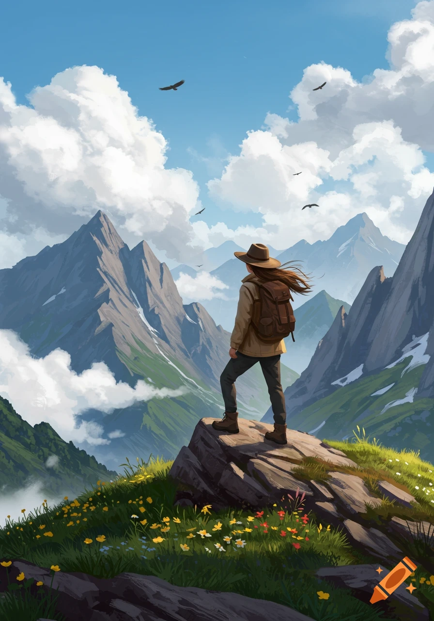 A hiker with a backpack stands on a rocky peak, looking at a vast mountain range under a cloudy sky with birds flying, digital art.