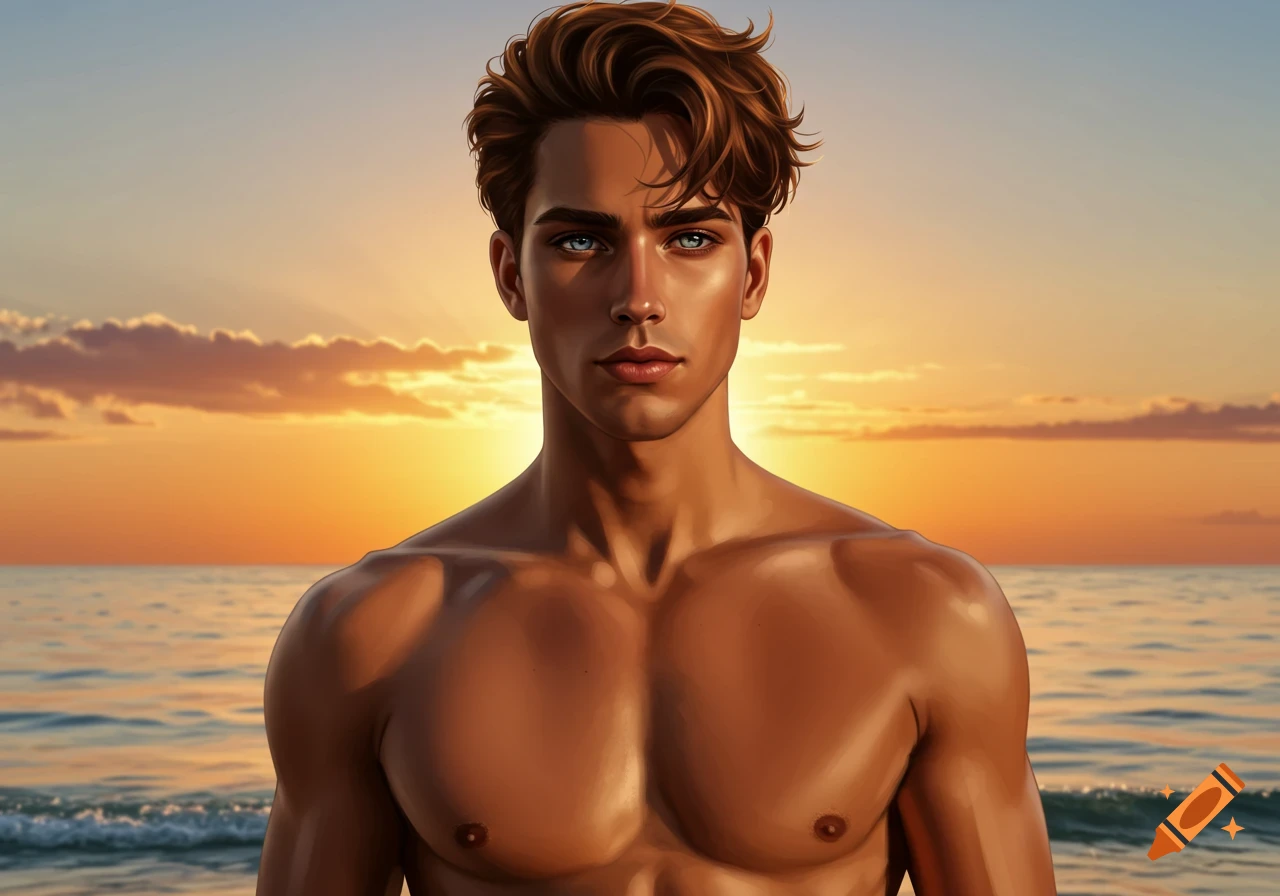 Stylized portrait of a shirtless man with brown hair and blue eyes, standing on a beach at sunset.