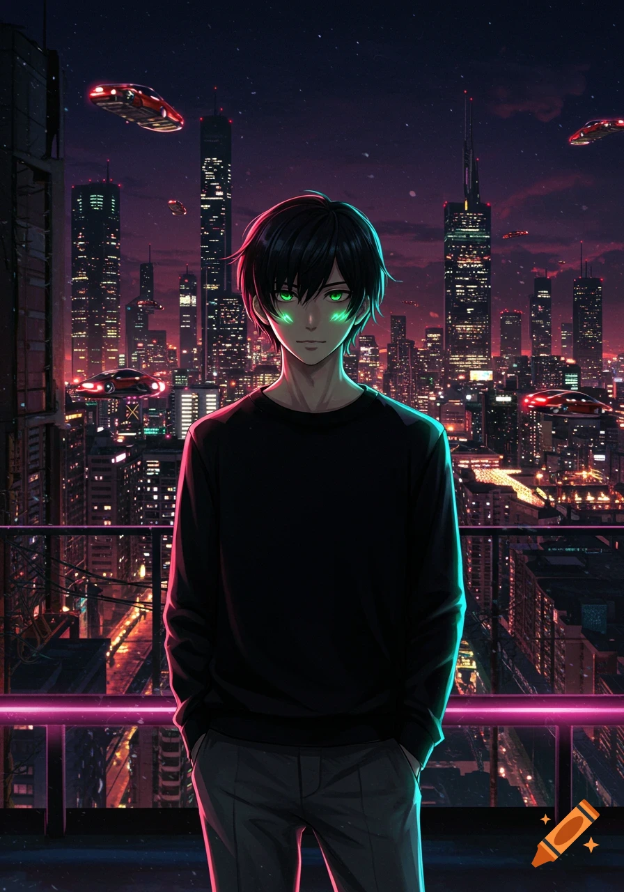 Anime boy with glowing green eyes on a balcony overlooking a futuristic cyberpunk city at night.