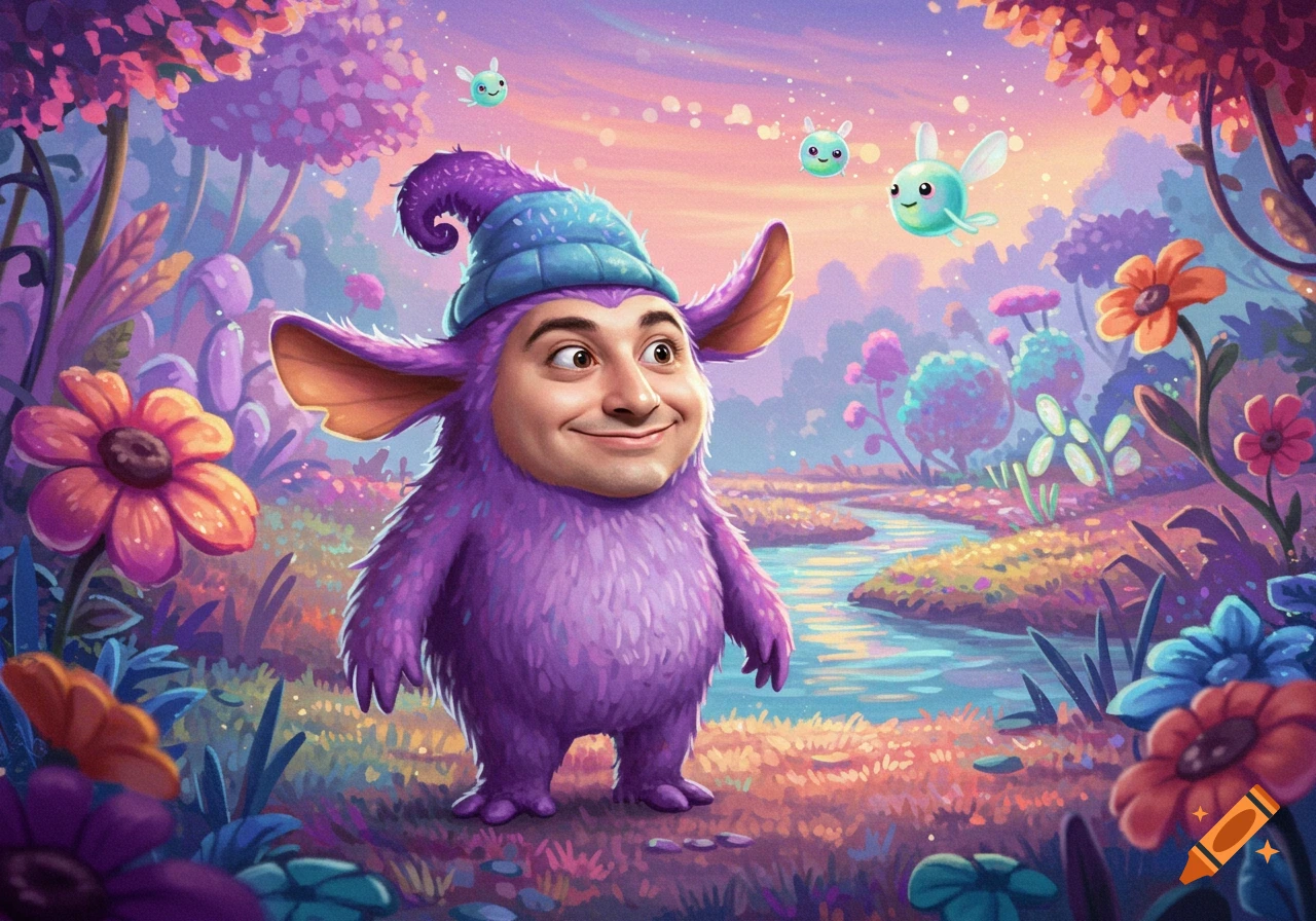 A purple furry creature with large ears and a human face, wearing a beanie, stands in a vibrant, colorful fantasy landscape with a stream.