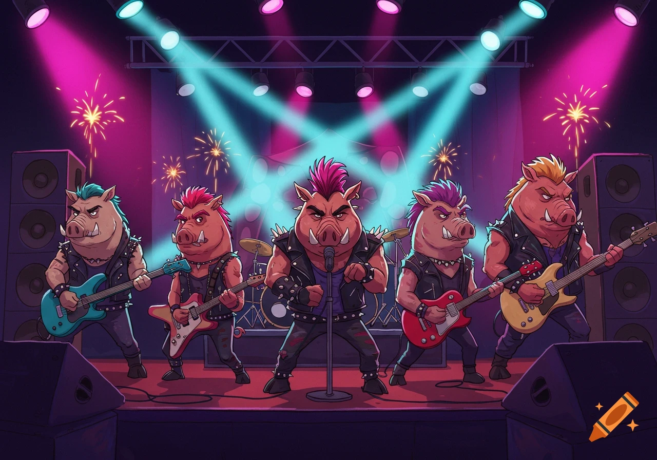 Five cartoon rock pigs with mohawks play electric guitars and sing on a brightly lit stage with spotlights.