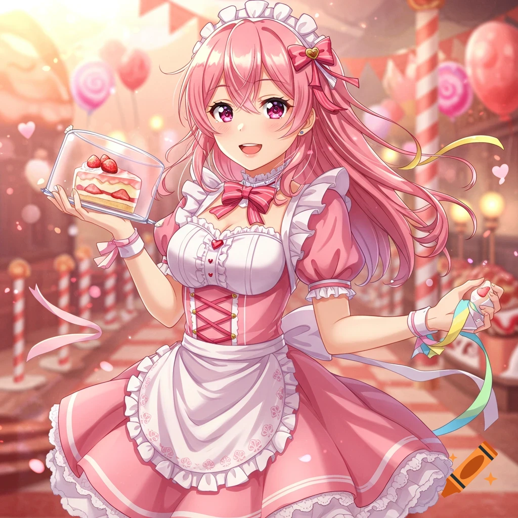 Anime girl in a pink maid dress holding a slice of strawberry cake in a plastic container in a whimsical, candy-themed setting.