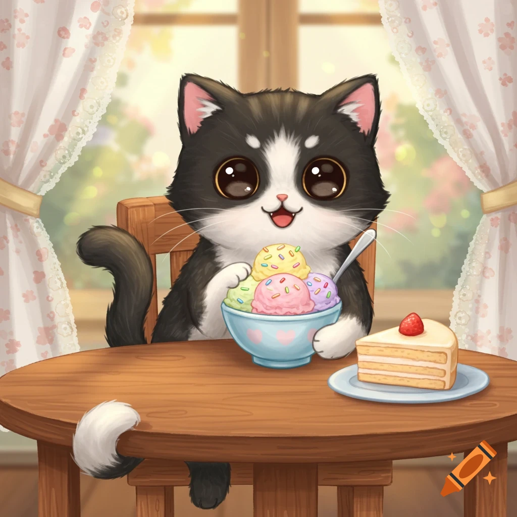 A kawaii-style black and white cat sits at a wooden table, happily eating ice cream from a bowl. A slice of cake is next to it.
