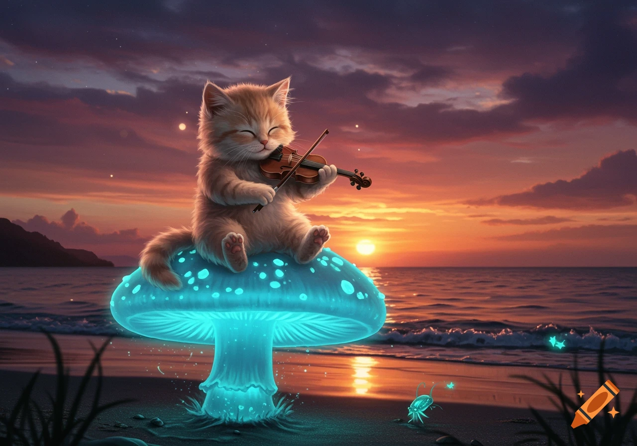 A cute baby kitten plays a violin while sitting on a glowing blue mushroom on a beach at sunset, in a whimsical fantasy art style.