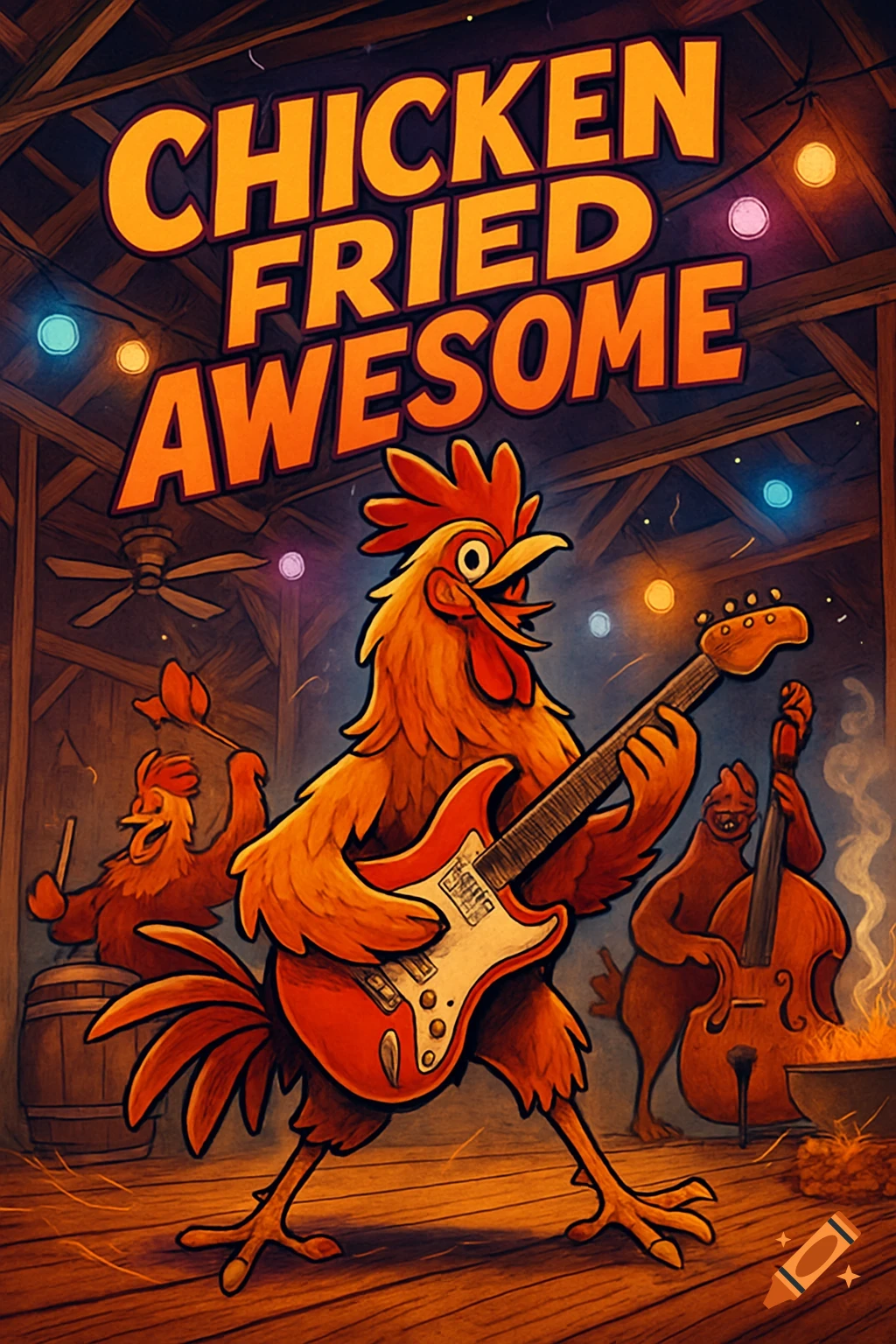 Cartoon image of a rooster playing an electric guitar, with two other chickens playing drums and an upright bass in a barn-like setting with string lights. Text reads "CHICKEN FRIED AWESOME".