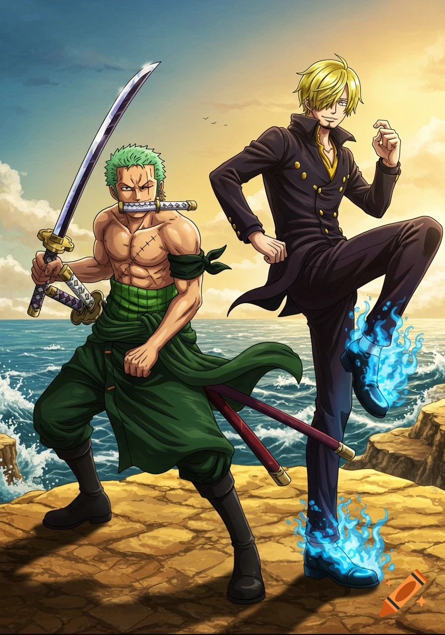 Zoro and Sanji from One Piece stand on a rocky cliff by the sea. Zoro has green hair and holds a sword while Sanji has blonde hair and blue flames around his feet.