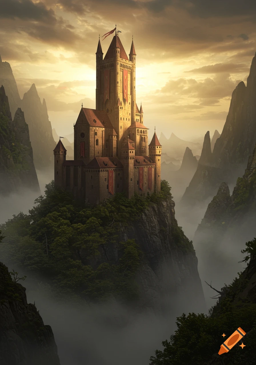 A grand medieval castle atop a craggy, forested mountain peak, surrounded by mist in a dramatic golden hour landscape.