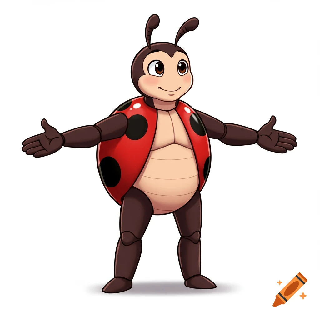 A cartoon ladybug character with human-like arms and legs stands in a T-pose, with its hands spread wide apart.