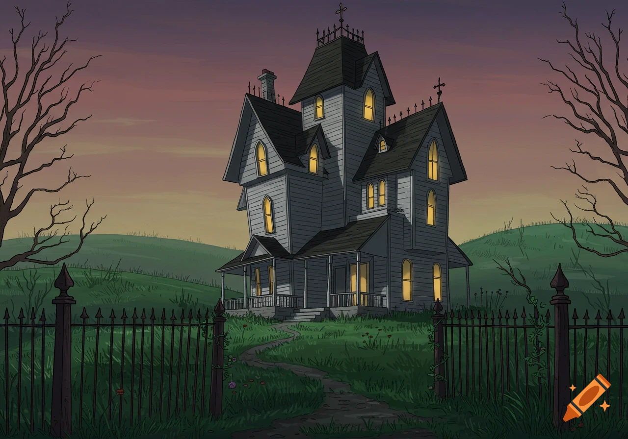 A cartoon-style spooky Victorian house at dusk with glowing windows, a winding path, and a fence in the foreground.