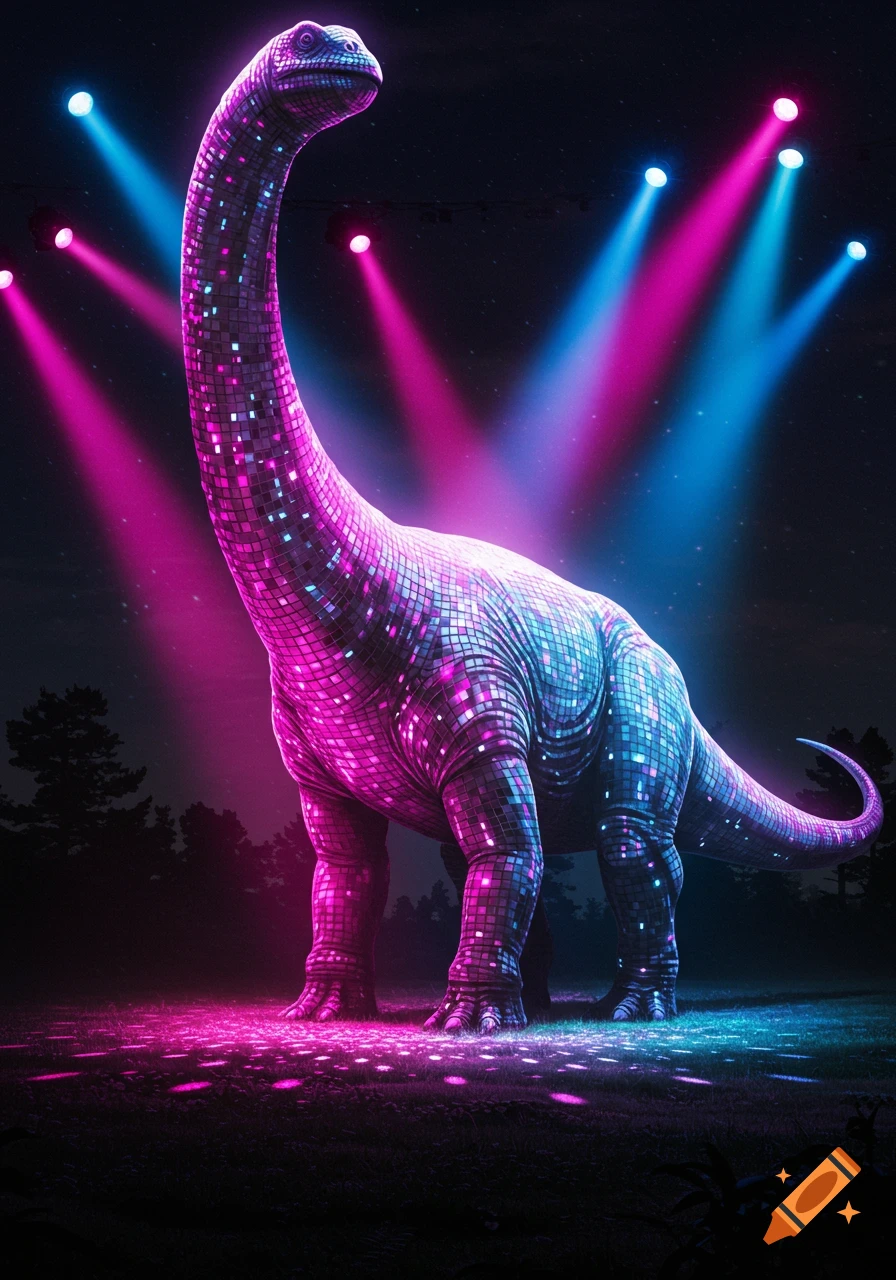 A large dinosaur, covered in shiny disco ball tiles, stands under vibrant pink and blue spotlights in a dark, outdoor setting.