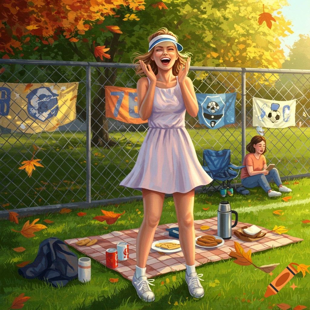 A cheerful woman in a white dress laughs, standing by a picnic blanket with snacks on a grassy field. Autumn leaves and soccer banners adorn the fence behind her.