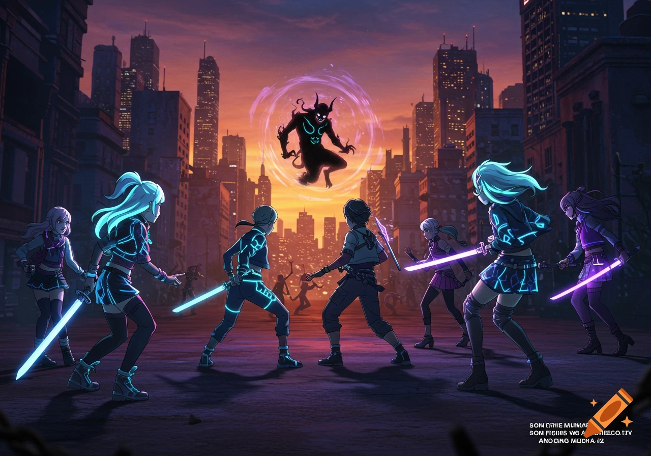 Anime style K-Pop demon hunters with glowing swords battling a shadowy demon in a ruined city at sunset.