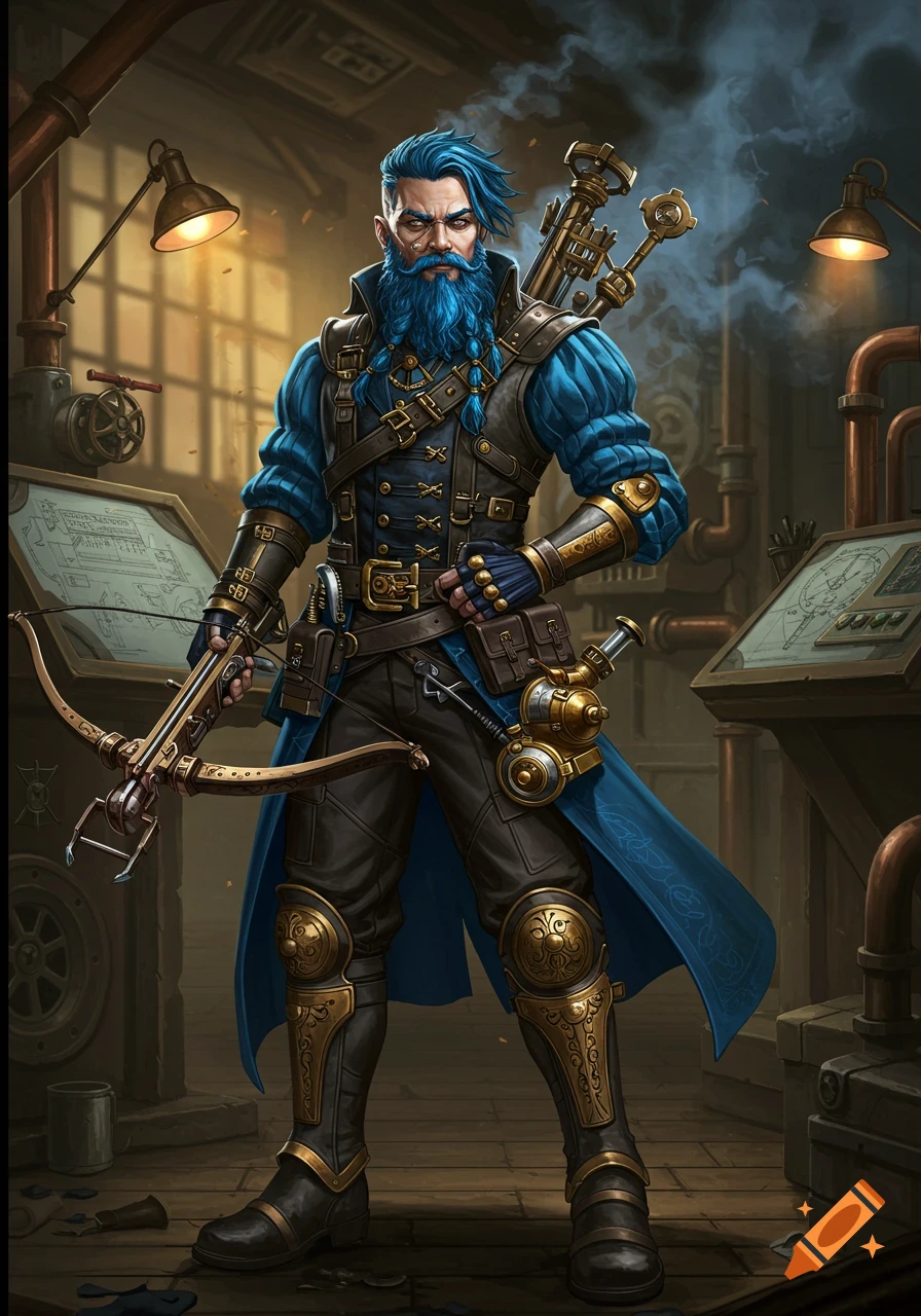 A male Artificer with blue hair and beard, dressed in black and blue steampunk attire, holding a crossbow in a workshop.