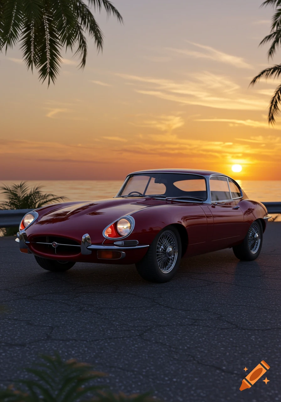 Photorealistic red 1967 Jaguar E-Type classic car parked on a coastal road during sunset, with palm trees and ocean in the background.