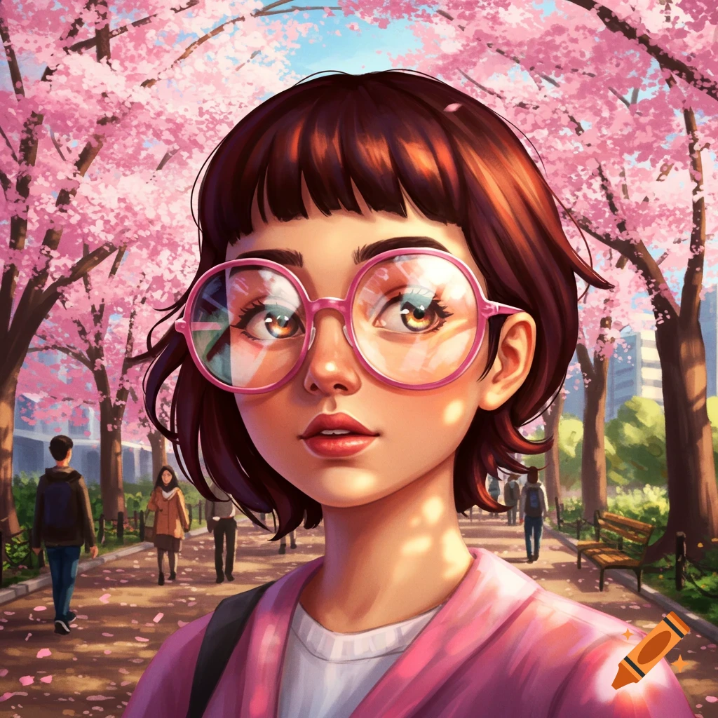 An anime-style portrait of a girl with short brown hair and round pink glasses, standing in a park with cherry blossom trees.