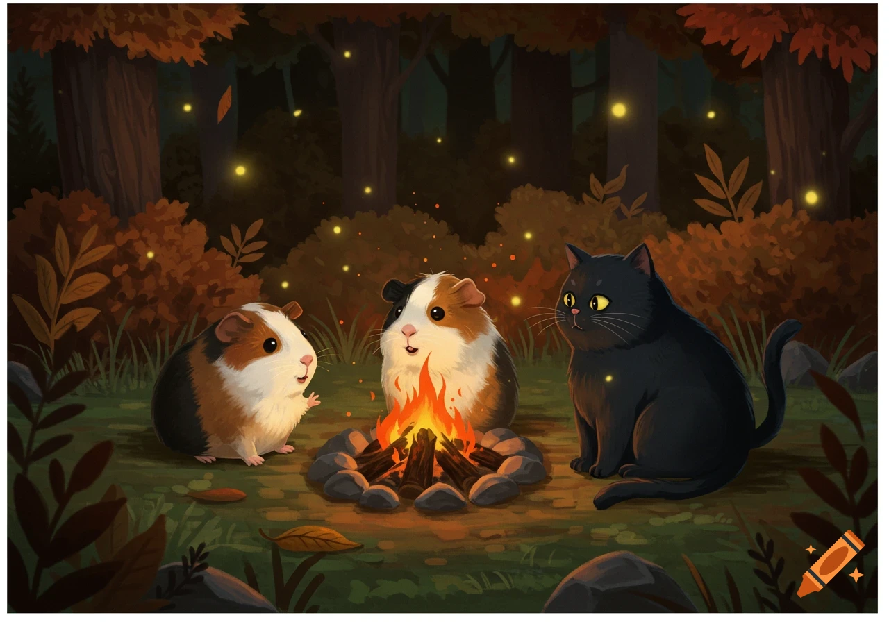 Two guinea pigs and a black cat sit around a campfire in a dark forest with fireflies, stylized illustration.