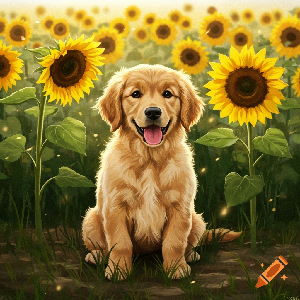 A golden retriever puppy sitting in a sunny field of yellow sunflowers, looking happy with its tongue out.