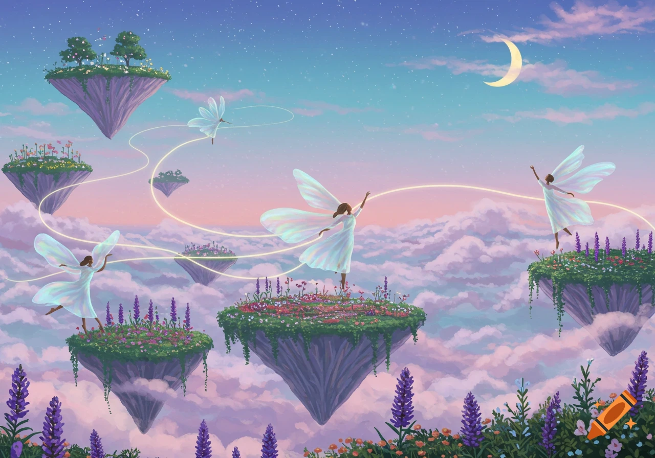 Fairies with iridescent wings fly around flower-covered floating islands in a pastel twilight sky with a crescent moon.