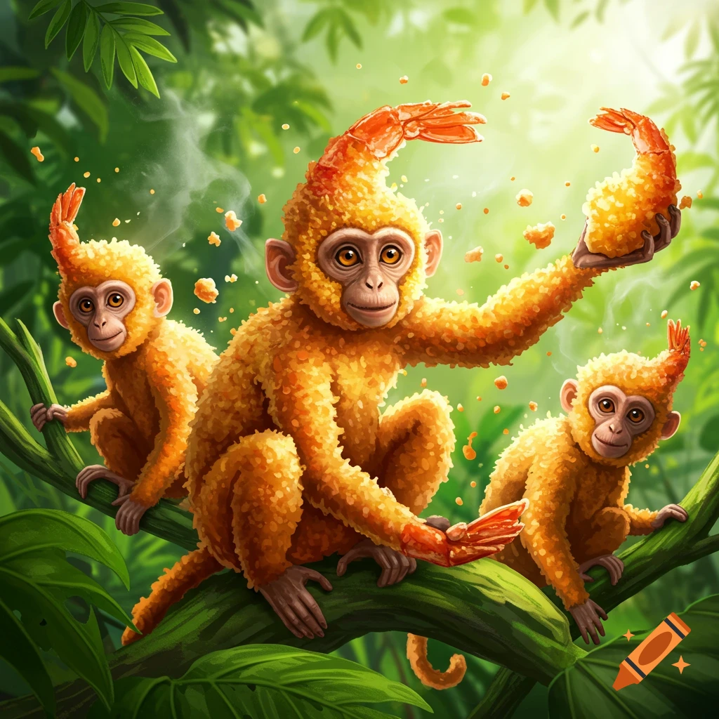 Three cartoon monkeys covered in fried shrimp texture, with shrimp tails on their heads, sitting on a jungle branch. One holds a shrimp.