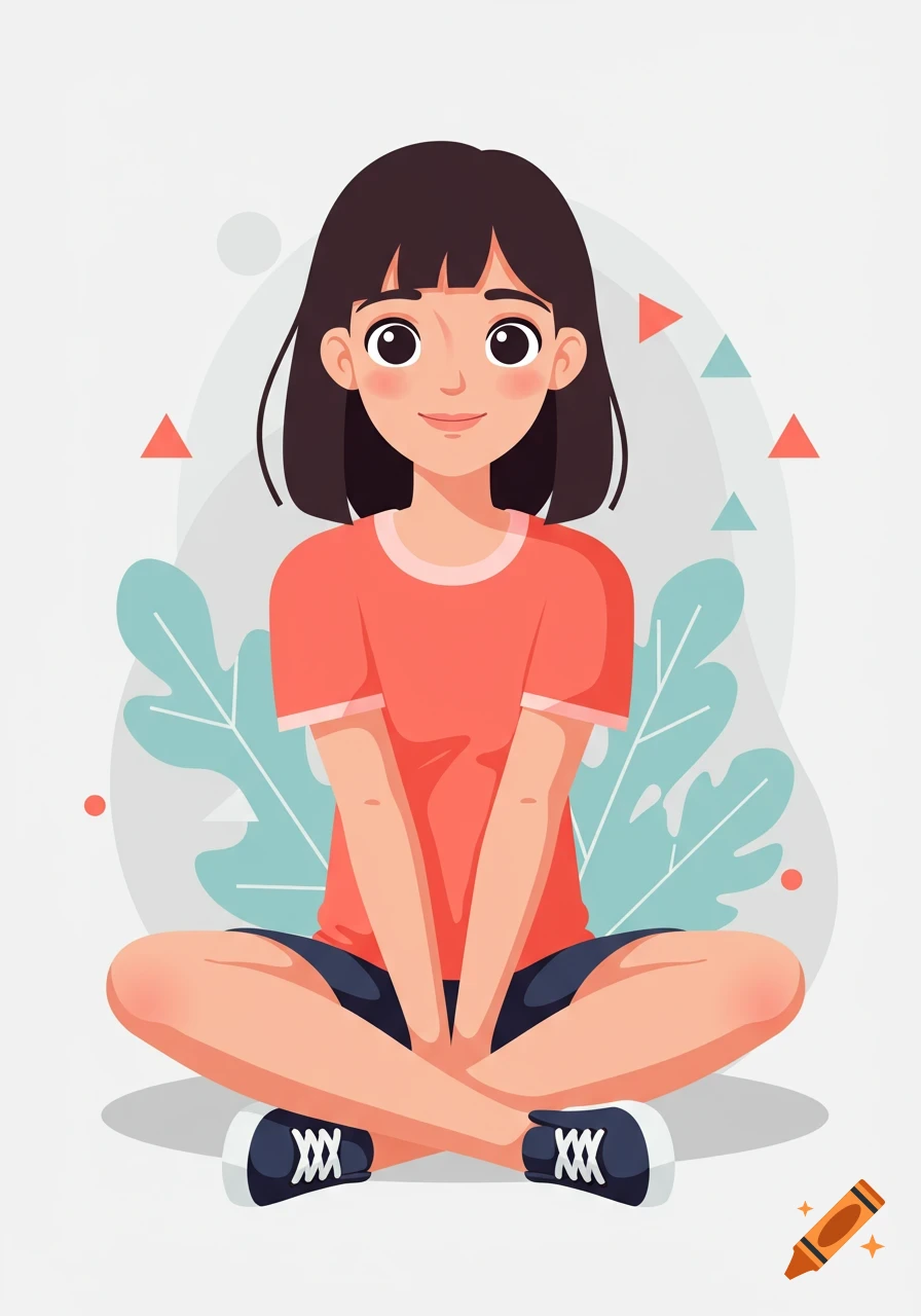 A cartoon girl with dark hair and a coral shirt sits cross-legged against a light background with abstract leaves and shapes.