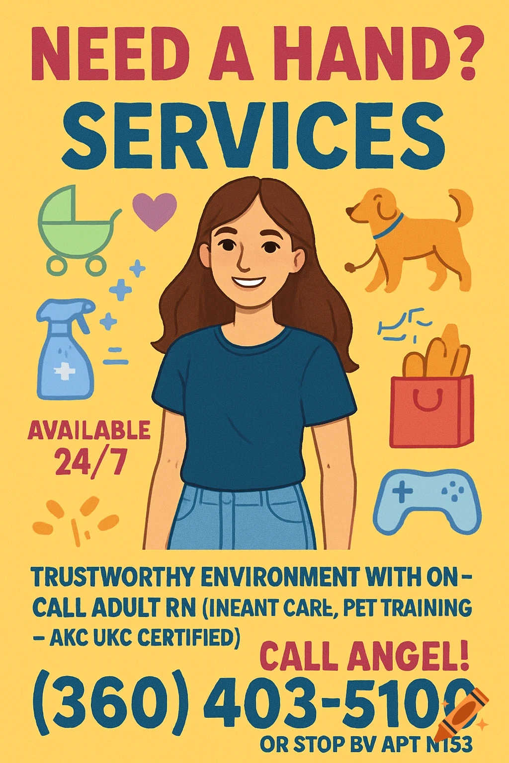 A colorful cartoon flyer advertising services with a smiling girl, a baby stroller, cleaning spray, a dog, groceries, and a game controller, with contact information.