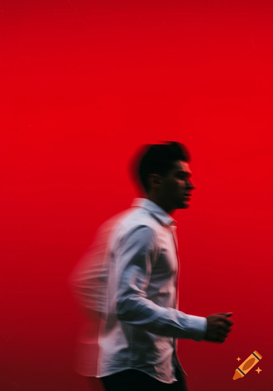 A man with motion blur in a white shirt walks across a red background, shot with soft focus and film grain.