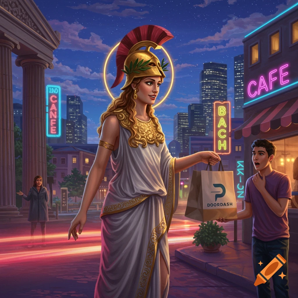 Athena, wearing a golden helmet and white chiton, delivers a DoorDash bag to a surprised man on a vibrant city street at night.