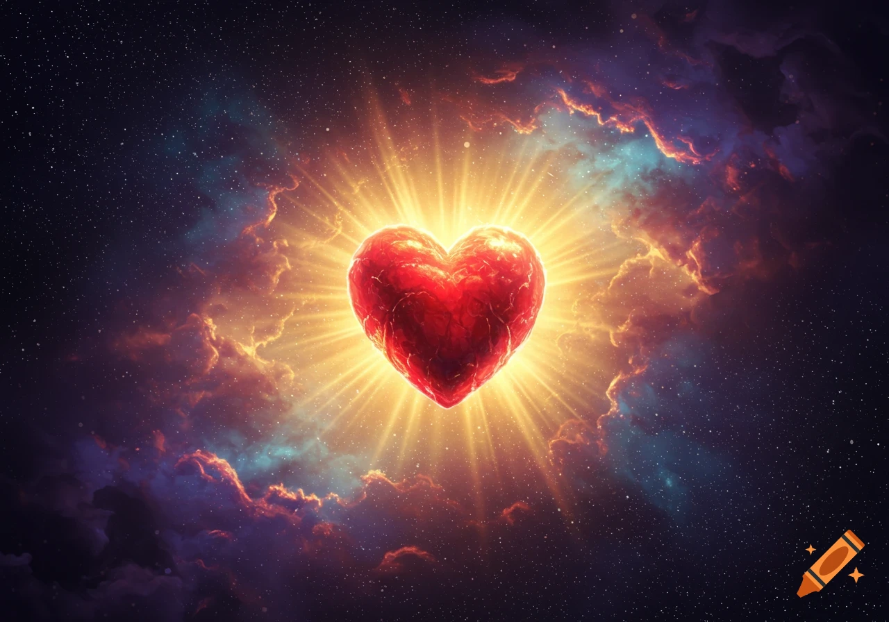 A vibrant red heart glows brightly with golden light in a dark cosmic sky filled with stars and colorful nebulae.