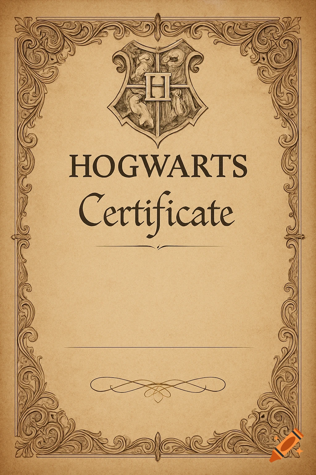 A blank Hogwarts certificate on aged parchment paper with an ornate border and crest.