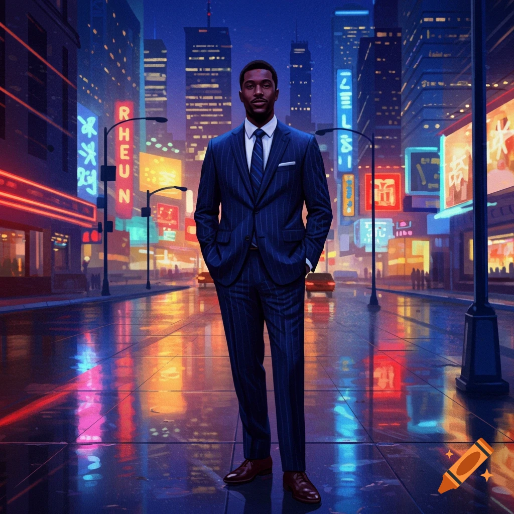 A man in a pinstriped suit stands on a wet city street at night, surrounded by tall buildings and colorful neon signs.