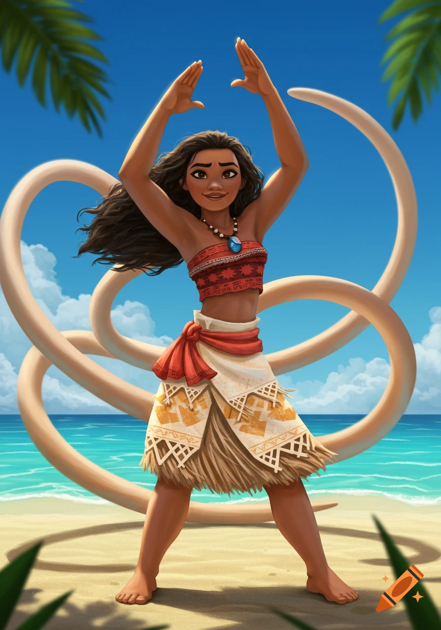 Moana on a tropical beach, with arms raised and elastic vines or powers swirling around her in a cartoon style.