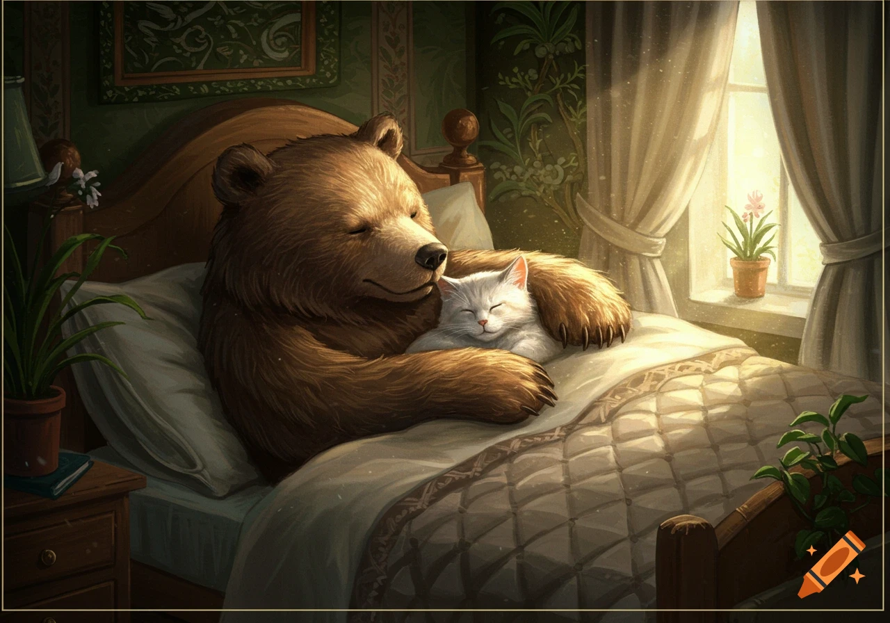 A brown bear and a white cat peacefully cuddle together while sleeping in a cozy bed, bathed in soft morning light.