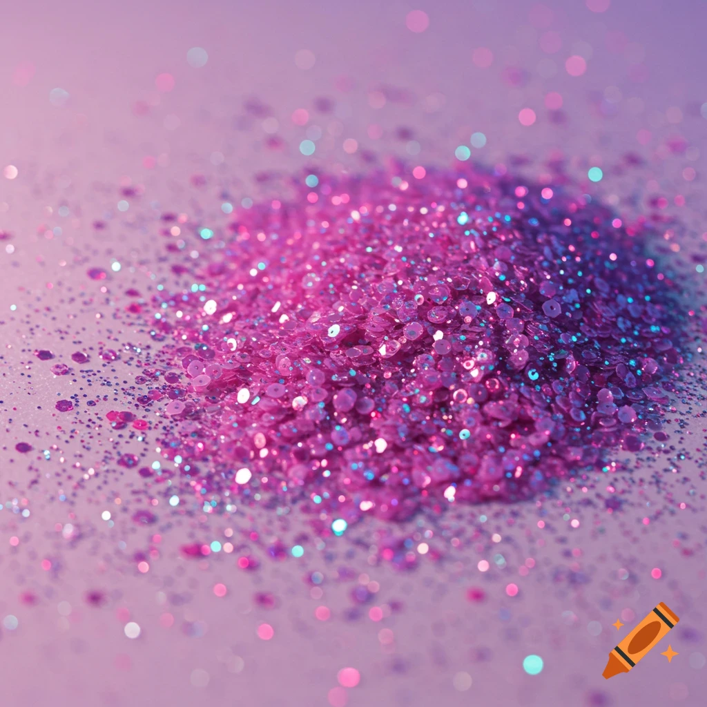 Close-up of sparkling pink and purple glitter and sequins scattered on a surface with soft bokeh effects.