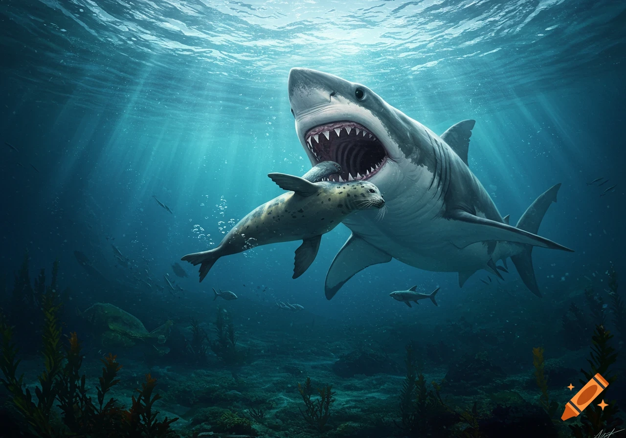 A photorealistic image of a great white shark with its mouth open, about to eat a spotted seal underwater with sun rays.