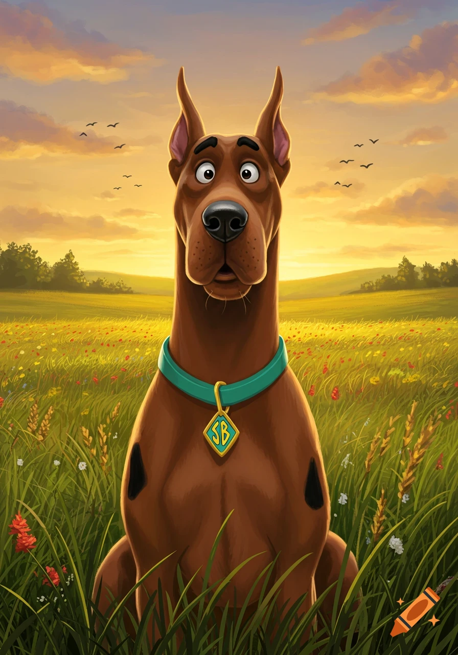 Scooby Doo sits in a field of wildflowers under a golden sunset sky with birds flying.