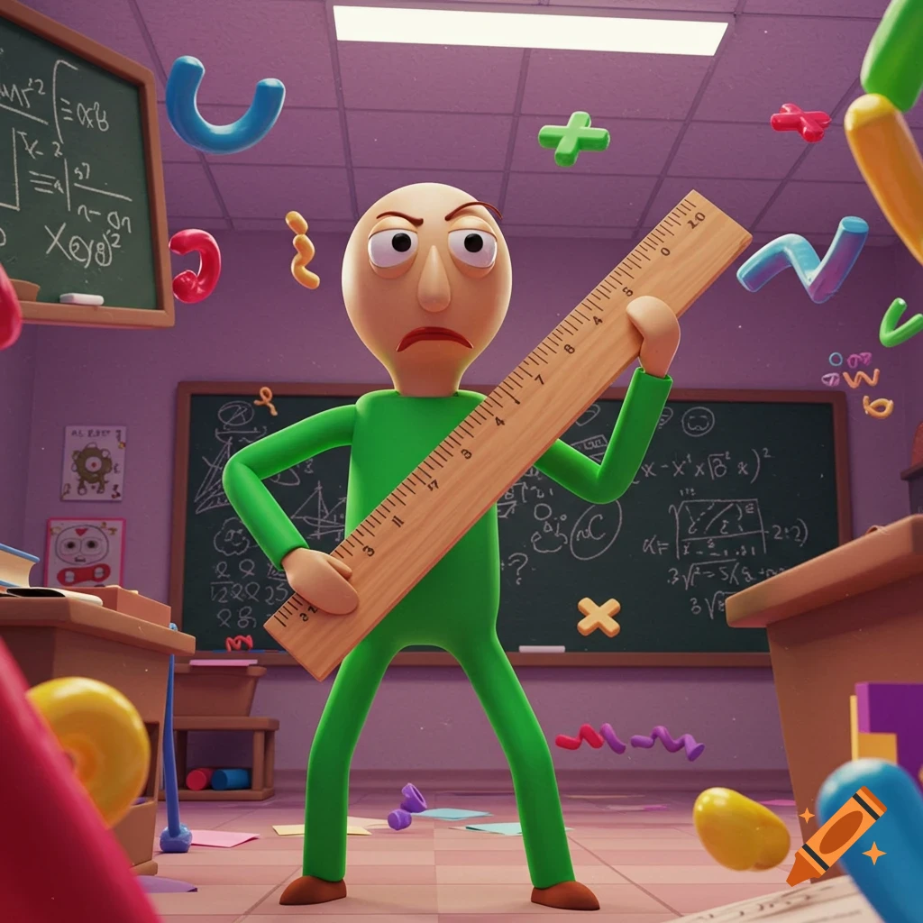A stylized 3D cartoon of Baldi from Baldi's Basics, a bald man in a green jumpsuit, holding a large ruler in a classroom filled with math equations and floating shapes.