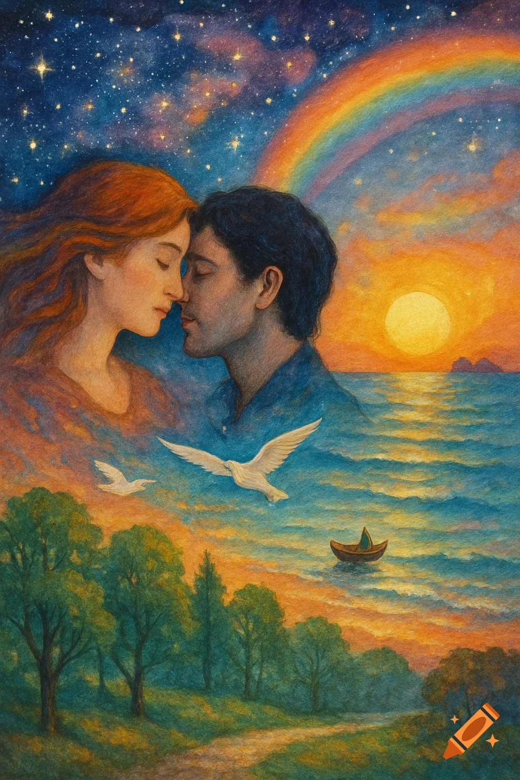 Dreamy painting of a couple embracing under a starry sky with a rainbow, transitioning to a sunset ocean with a boat, birds, and forest.