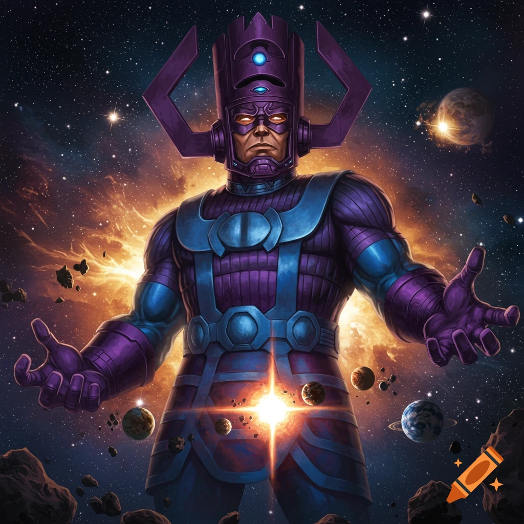 Galactus, a large purple and blue armored cosmic being, stands in space amidst stars, nebulae, planets, and asteroids.
