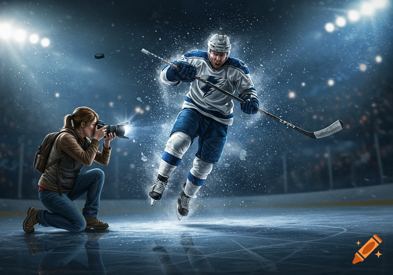 A photographer crouches on the ice, capturing a dynamic shot of a hockey player skating intensely in a brightly lit arena.