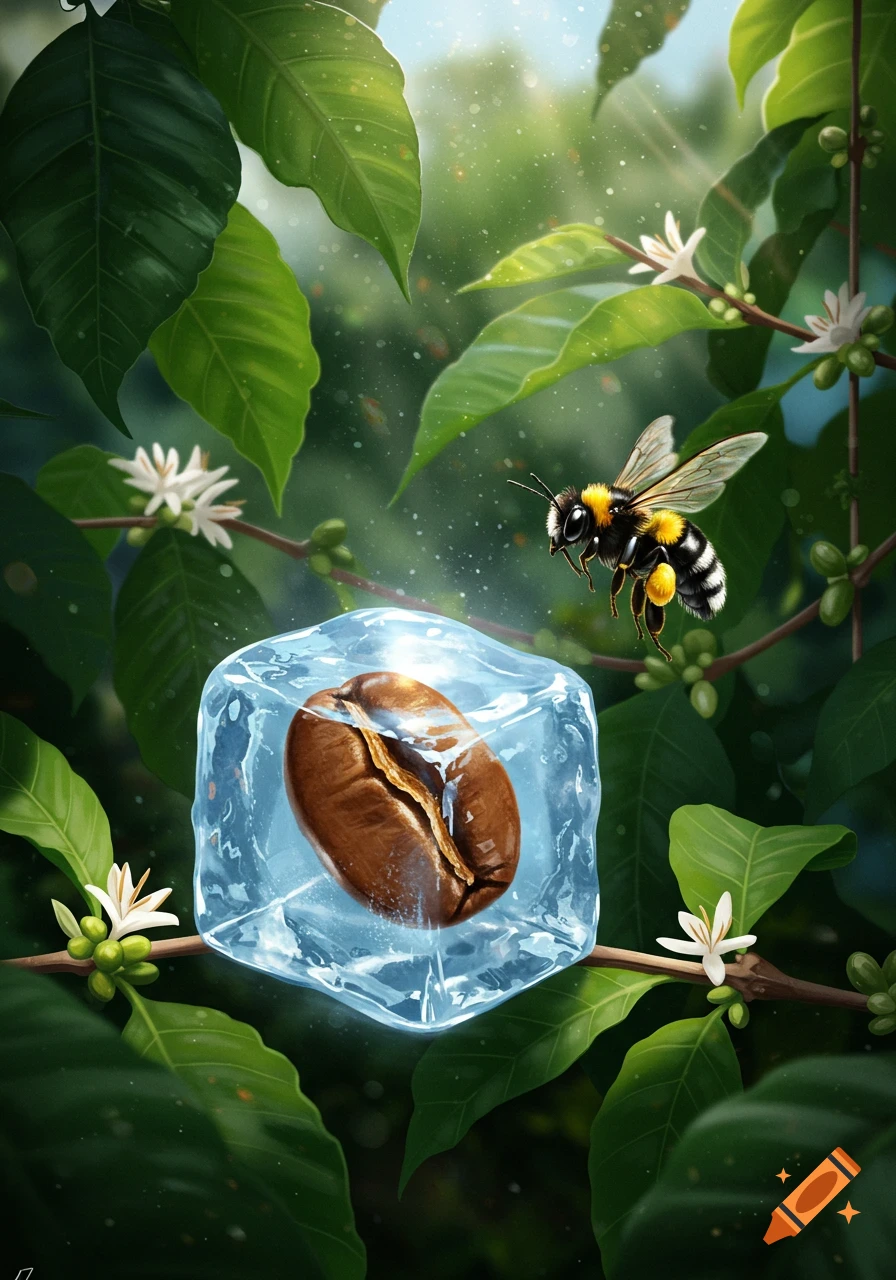 Detailed illustration of a bumblebee flying over a coffee bean encased in ice, set amidst lush green coffee plant leaves and white blossoms.