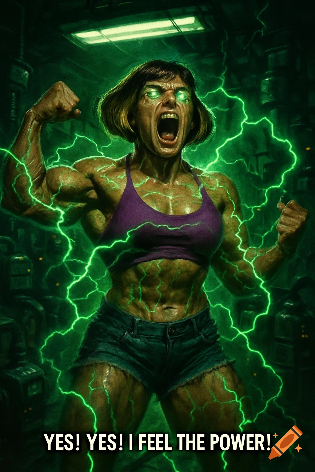 A muscular woman with green glowing eyes screams and flexes amidst green lightning, with text 'YES! YES! I FEEL THE POWER!'