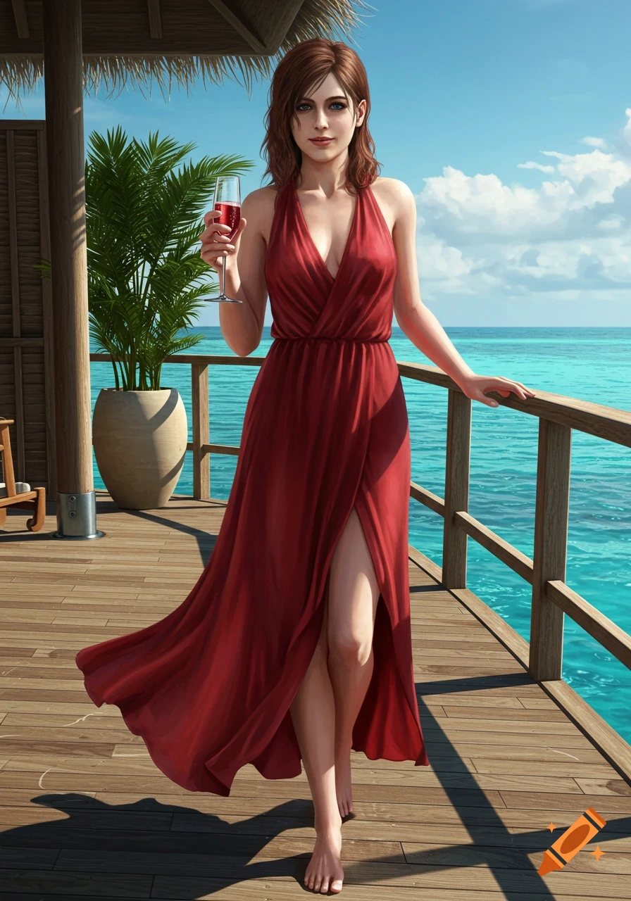 A woman in a flowing red dress holding a glass of wine stands on a wooden deck over a turquoise ocean.